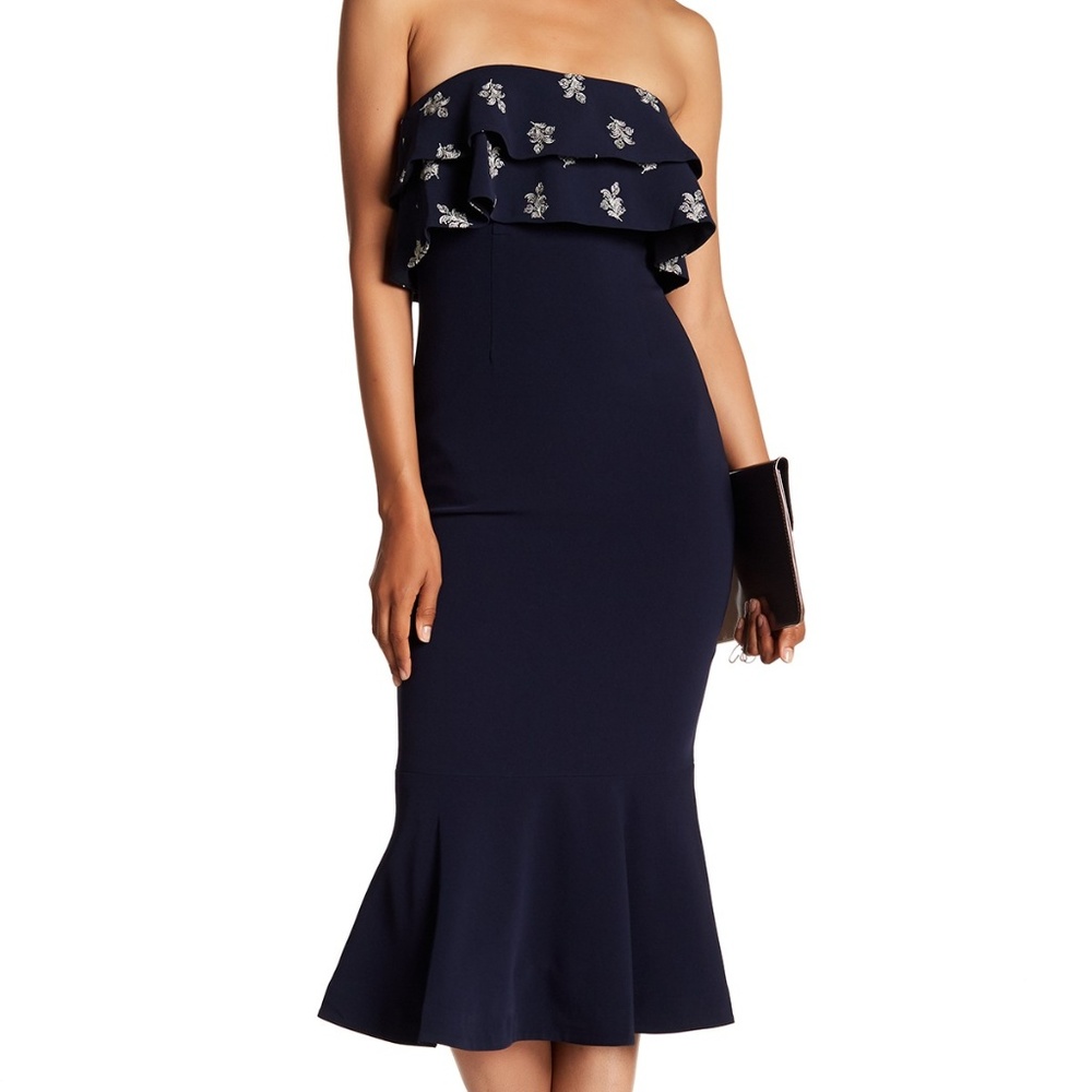 NWT Cinq a sept EZA dress navy dress size 2 Sexy bodycon with ruffle